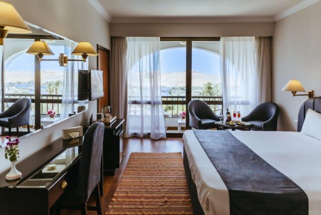 Hotel room balcony overlooking Nile at Basma Hotel Aswan