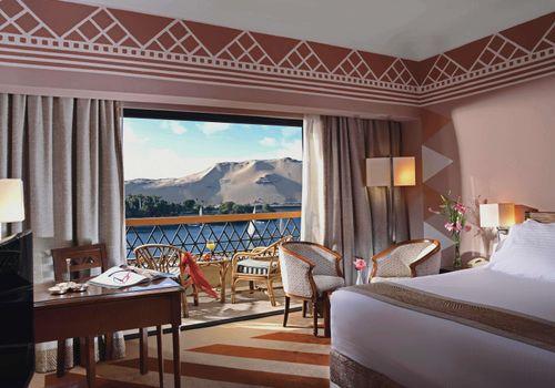 Aerial view of Mövenpick Resort Aswan on Elephantine Island surrounded by the Nile River