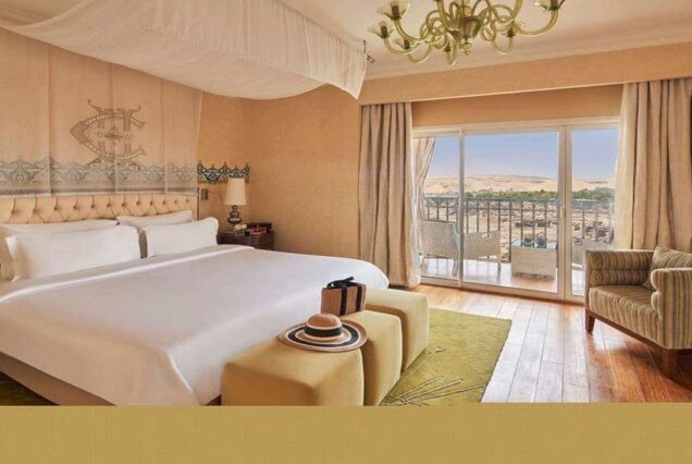 Luxury view of Sofitel Legend Old Cataract Hotel in Aswan overlooking the Nile River